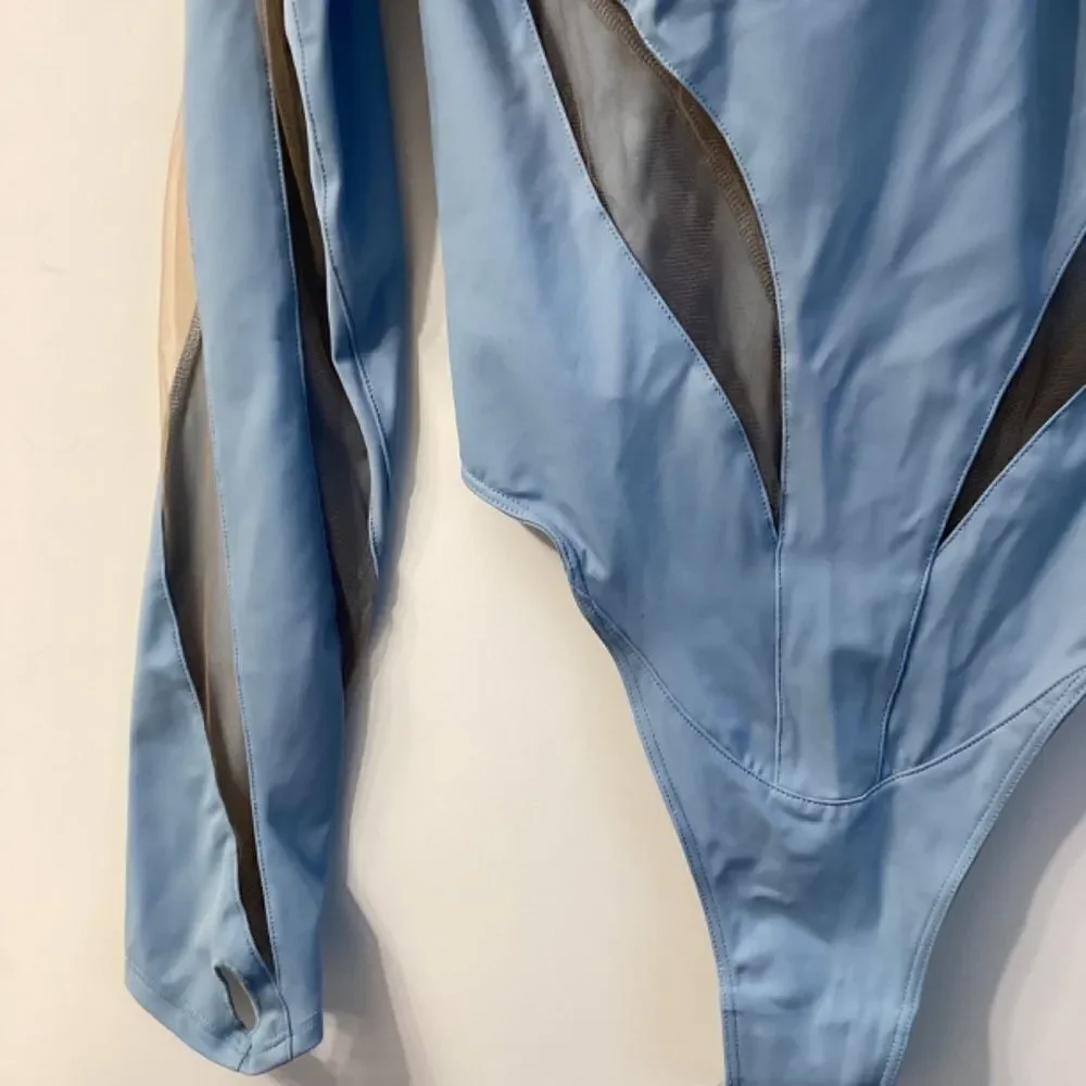 Mugler Illusion Cutout Bodysuit –‎ Light Blue Mesh, Size 8 | NWT